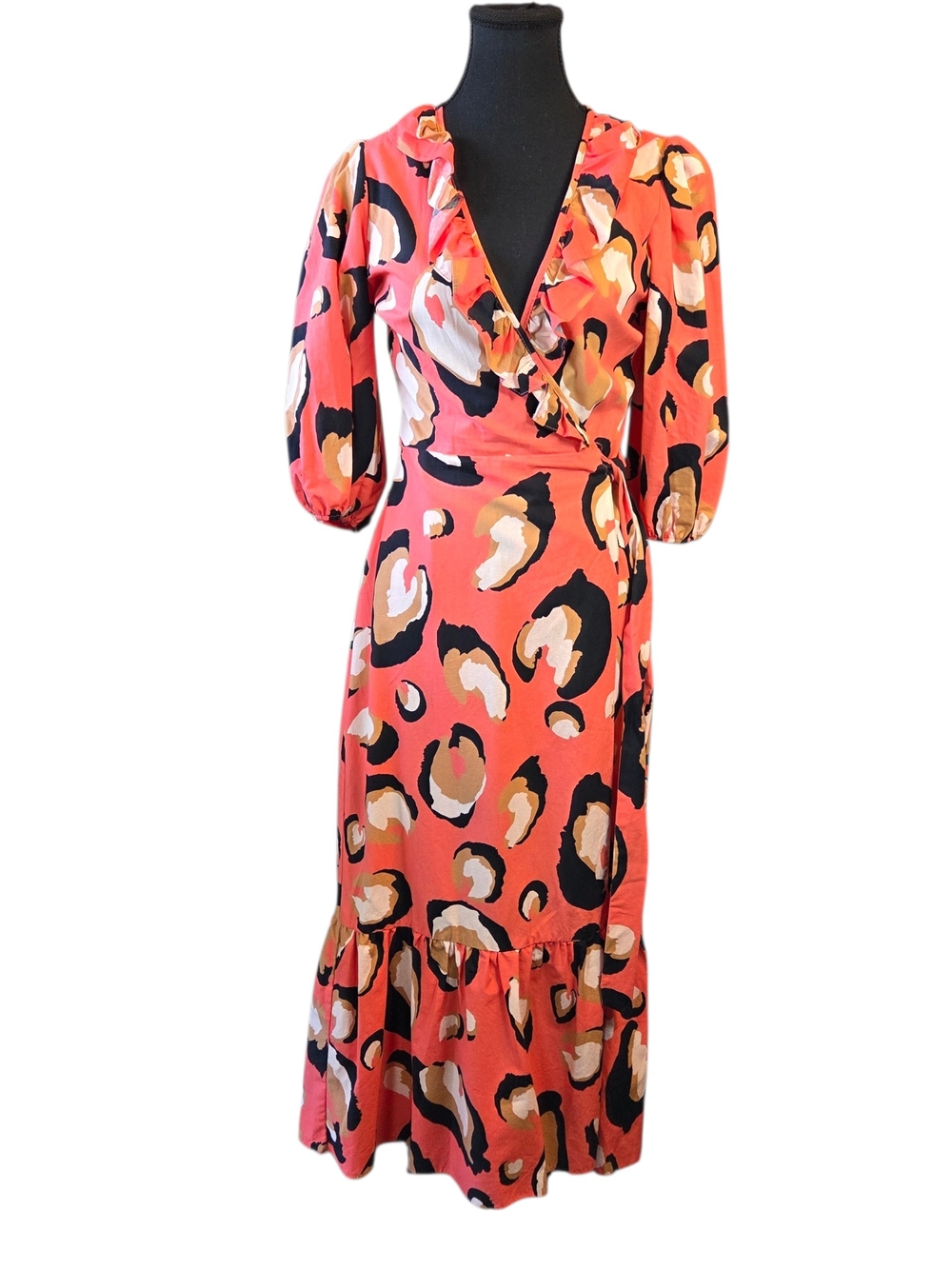 SOLD    River Island Coral Animal-Print Wrap Midi Dress Size 4 - Picture 2 of 7